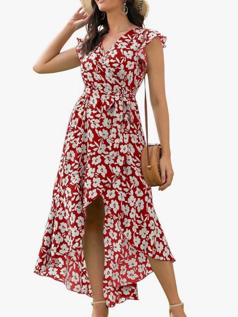 Women's Red Floral High-Low Wrap Dress with Tie Waist
